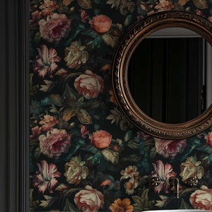Dark Floral Wallpaper, Moody Rococo Mural, Peel and Stick or Traditional Wallpaper, Vintage Gothic Bedroom, Rose Peonies Bathroom Mural NF36