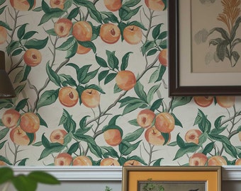 Peach Orchard Fruit Wallpaper, Tropical Boho Wallpaper,  Renters friendly Removable Wallpaper, Botanical Wall decor 049