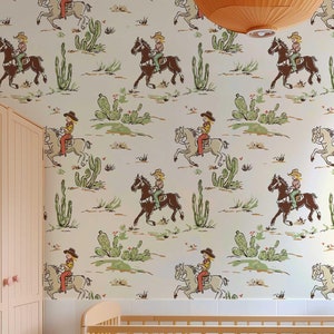 Carta da parati murale retrò con cowboy western, piccola cowgirl, carta da parati staccabile e adesiva, carta da parati con cavalli e cactus, arte murale CB006
