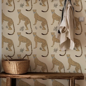 Cheetah Peel and Stick Wallpaper, Temporary Tiger Wall Mural, Modern Accent Wall, Whimsical Jungle Animal Nursery Bedroom Wall Decor PV349