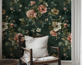 Moody Dark Boho Flower Wallpaper, Vintage Floral Wall Mural , Removable Botanical Wall Art, Peonies Retro Wall Decor  127