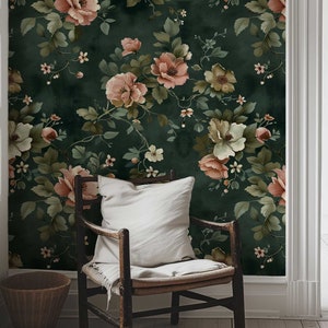 Carta da parati floreale Moody Dark Boho, murale floreale vintage, arte murale botanica rimovibile, decorazione murale retrò con peonie 127