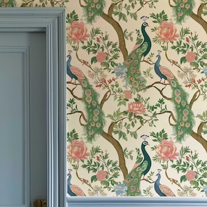 Carta da parati adesiva con pavone colorato, murale rimovibile con uccelli, carta da parati autoadesiva floreale, decorazione murale con fiori tropicali PV322