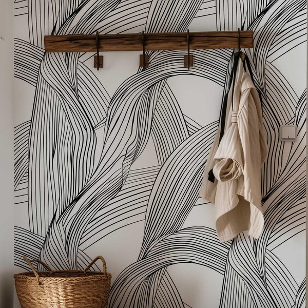 Modern abstract behang, verwijderbaar, zwart-wit, zelfklevende muurschildering, monochrome wandbekleding, geometrische lijn wanddecoratie | PV015