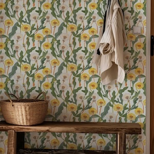 Löwenzahn Blumenwandbild, Frühling Natur Botanische Tapete, Verspielte Boho Blumentapete Traditionell und Schälen und Aufkleben 111