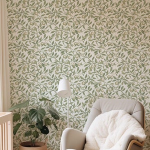 Olive Peel and Stick Wallpaper, Temporary Green Leaf Wall Mural, Botanical Wall Art Removable Renters Friendly powder room Wall covering 232