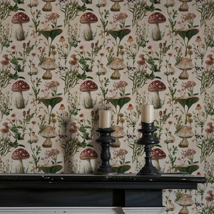 Papier peint champignon, papier peint autocollant, papier peint traditionnel, décoration nature, décoration murale amovible, papier peint botanique fantaisiste NF040b