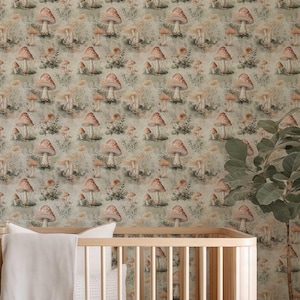 Enchanted Forest Wallpaper, Removable, Peel and Stick, Traditional, Mushroom Mural, Light Whimsical Cottagecore Decor, Nursery Woodland NF09