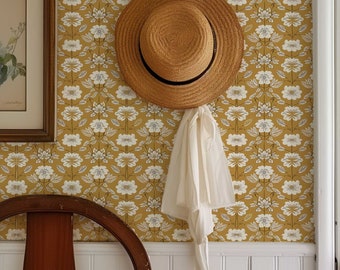 Yellow Floral Wallpaper Mural – Retro Botanical Peel and Stick Decor 106