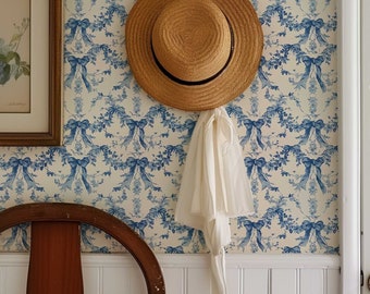 Blue Bow Wallpaper, Removable Renters Friendly Wallpaper, Peel and stick Wallpaper Vintage, Coquette Room Decor - 113