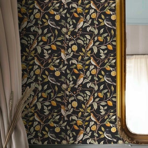 Dark Removable Wallpaper, Moody Botanical Peel and Stick Wall Mural, Temporary Bird Wall covering, Woodland powder room Wall Decor | 218S