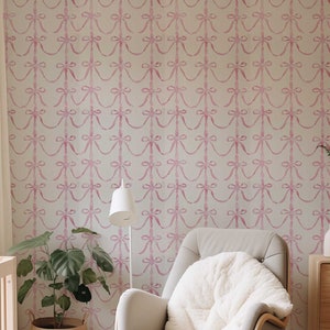 Tapete mit Schleifen in der Farbe Rosa - Boho Coquette Room Decor - Girly Ribbon print Wandbild - Schälen und Aufkleben oder Traditionelle Tapete 108