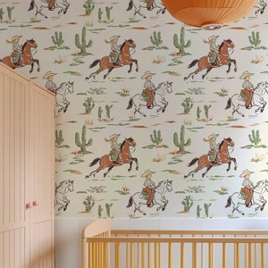 Carta da parati western cowgirl, murale da parete vintage con paesaggio da cowboy, parete decorativa con cavalieri retrò, rivestimento murale per cameretta dei bambini CB008
