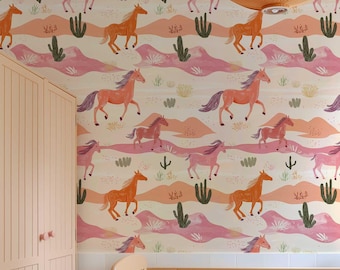 Papier peint autocollant Cowgirl Horse : décoration murale western rose P324