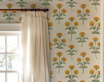 Retro Marigold Wallpaper, Yellow Floral Peel and Stick or Traditional Mural, Removable Flower Bedroom, Bathroom Wall Decor PV298