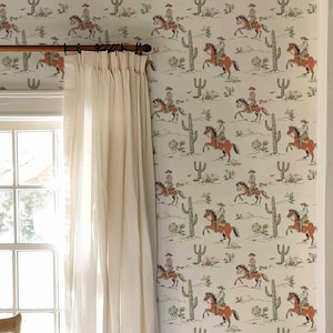 Carta da parati murale vintage con cowboy western, rivestimento murale rimovibile con paesaggio western selvaggio, parete decorativa rustica con cavaliere a cavallo e cactus CB004