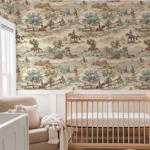 Abnehmbare Tapete Pferd und Cowboy, Schälen und Aufkleben, Wild Western Wandbild, Vintage Reiter Akzentwand, rustikale Wandverkleidung p92