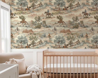 Horse and Cowboy Removable Wallpaper, Peel and Stick Wild Western Wall Mural, Vintage Horseback riders Accent Wall, Rustic Wall Covering p92