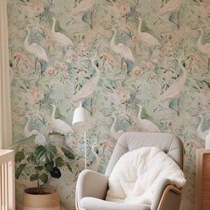 Light Neutral Peel and Stick Vogel Tapete - Abnehmbares Wandbild mit Blumenmuster - Japanische Kranich Akzent Wand - Selbstklebende Reiher-Tapete PVC