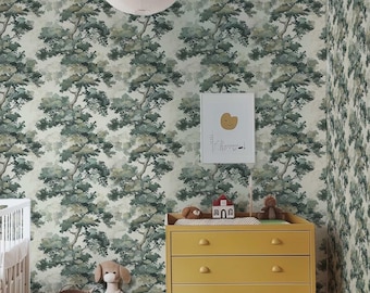 Papel de parede autoadesivo com estampa de floresta de árvores, cores suaves e decoração com paisagem.