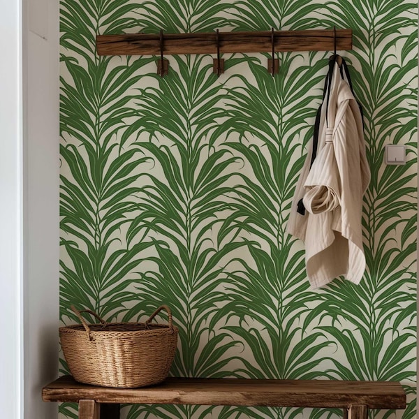 Tropisch zelfklevend behang, exotische muurschildering met groene palmboom, kustthema voor slaapkamer, verwijderbare, huurvriendelijke muurbekleding | PV37