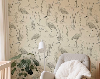 Reiher-Tapete, Kranich-Tapete zum Aufkleben, Natur-Wandbild in neutralen Farben, Vintage-Vogel-Tapete, Kinderzimmerdeko im Cottagecore-Stil PV33