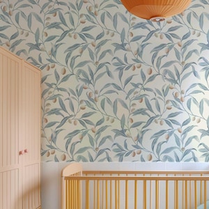 Neutral Blue Peel and Stick Wallpaper, Olive Tree Wall Mural, Botanical Leaf Wall Art, Removable Renters Friendly Wallpaper for Bedroom 170