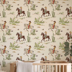Carta da parati Western Peel and Stick, murale da parete retrò Cowboy Cowgirl, cavallo, cactus e paesaggio per la camera dei bambini CB006