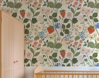 Papel pintado autoadhesivo de campos de fresas - Mural de pared extraíble de flores y frutas - Pared con acento de flores silvestres - Revestimiento floral PV45