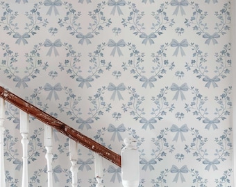 Blue Bow Removal Wallpaper - Coquette Floral Room Decor - Romantic Wall Art - Boho Nursery Peel and Stick or Traditional Wallpaper - pv027