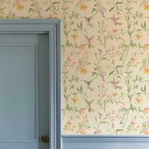 Carta da parati con colibrì, murale floreale staccabile e attaccabile, decorazione murale con fiori e uccelli, decorazione murale rimovibile per camera da letto PV090