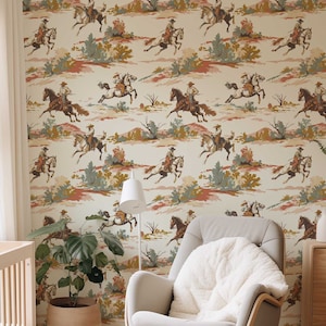 Carta da parati retrò Western Peel and Stick, murale da parete rimovibile Cowboy, decorazione da parete rustica con cavalli, rivestimento da parete Frontier P89