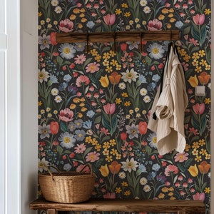 Dark Flower Peel and Stick Wallpaper, Moody Powder room Wall Mural, Modern Black Flower Wall Art, Removable Renters friendly Wallpaper for living room