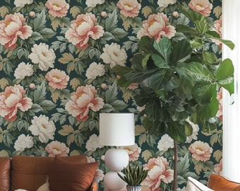 Vintage Floral Wall Mural - Peonies Botanical wallpaper - Flower Cottage Removable wallpaper - Retro Peel and Stick Wall Decor 037