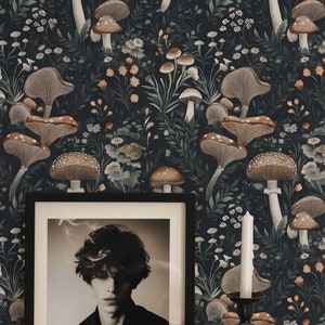 Papier peint forêt féerique foncé, Moody Woodland, papier peint autocollant ou papier peint traditionnel, décoration champignon fantaisiste pour chambre à coucher, salle de bain NF035