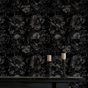 Gothic Schädel Tapete, Schälen und Stock oder Traditionelles Wandbild, Witchy Schlafzimmer, Badezimmer Wanddekoration, Schwarze Goth Wandbespannung NF037