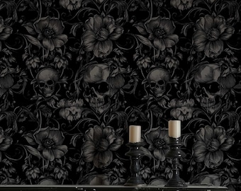 Gothic Skull Floral Wallpaper Mural: Witchy Peel and Stick Wall Decor NF037