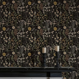 Carta da parati gotica Moody, murale floreale scuro per camera da letto, bagno botanico rimovibile, murale massimalista con fiori selvatici staccabile e attaccabile NF65