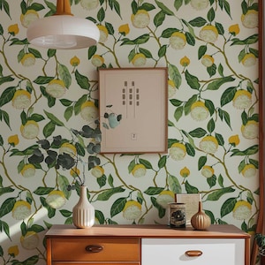 Lemon Wallpaper, Botanical Temporary Peel Stick Mural, Removable Floral Wall covering for Kitchen, Dining Room, Bedroom, Citrus Design PV074