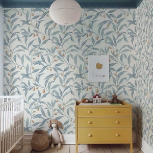 Carta da parati elegante con albero di ulivo - Decorazione murale staccabile e incollabile a noleggio - Decorazione da parete azzurra rimovibile - PV051