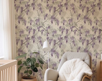 Boho Wisteria Wallpaper, Vintage Floral Wall Mural, Purple Flower Peel and Stick Wallpaper, Nature inspired Wallpaper 026