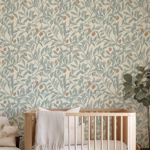 Blue Leaf Peel and Stick Wall Mural, Olive Tree Wallpaper, Removable Foliage Decor,  Renter friendly Mediterranean Accent Wall | PV091