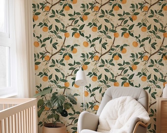 Papel tapiz de frutas de color naranja - Papel tapiz botánico retro despegable y adhesivo - Mural para inquilinos - Papel tapiz autoadhesivo de naturaleza - 025