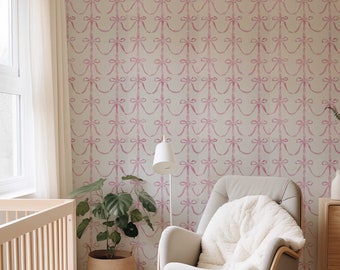 Bow Wallpaper in Pink color - Boho Coquette Room Decor - Peel and Stick or Traditional Wallpaper 108