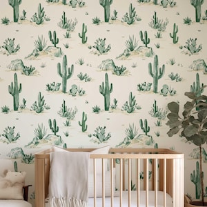 Carta da parati murale retrò western, carta da parati temporanea con cactus staccabile e adesiva, decorazione murale rustica con cactus del deserto per la cameretta dei bambini PV297
