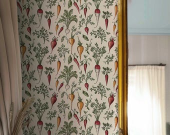 Vintage Botanical Root Vegetable Wallpaper, Rustic Farmhouse Peel and Stick Wall Mural, Removable Kitchen Wall Decor PV379