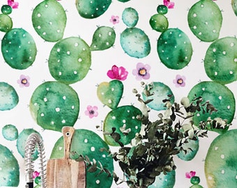 Wallpaper Peel and Stick - Removable Wallpaper - Boho Wallpaper - Cactus Wallpaper - Adhesive Wallpaper - Temporary Wallpaper - JW098B