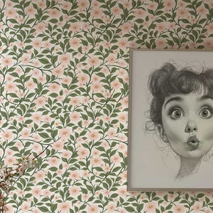 Preppy wallpaper, Peel and Stick Floral wall mural, Vintage Flower wallpaper, Coquette Room Decor , Botanical wallpaper