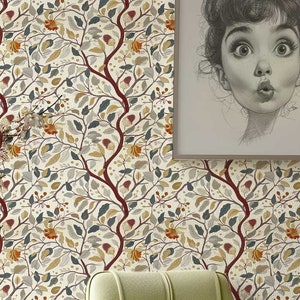 Papel pintado vintage botánico autoadhesivo, papel pintado desprendible de hojas victorianas, papel pintado adhesivo bohemio, mural de pared de naturaleza maximalista 131