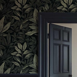 Dark Botanical Peel and Stick Wallpaper, Moody Floral Wall Mural, Removable Wallpaper with Ferns and Greens, Forest Wall Covering NF71